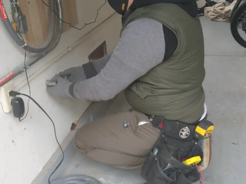 Electrician performing outlet wiring in a Manor garage